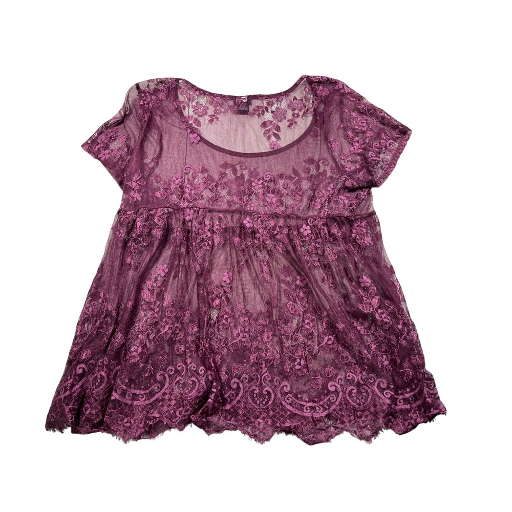 Torrid Size 2 Berry‎ Floral Lace Babydoll Top Sheer Boho Romantic Plus Size